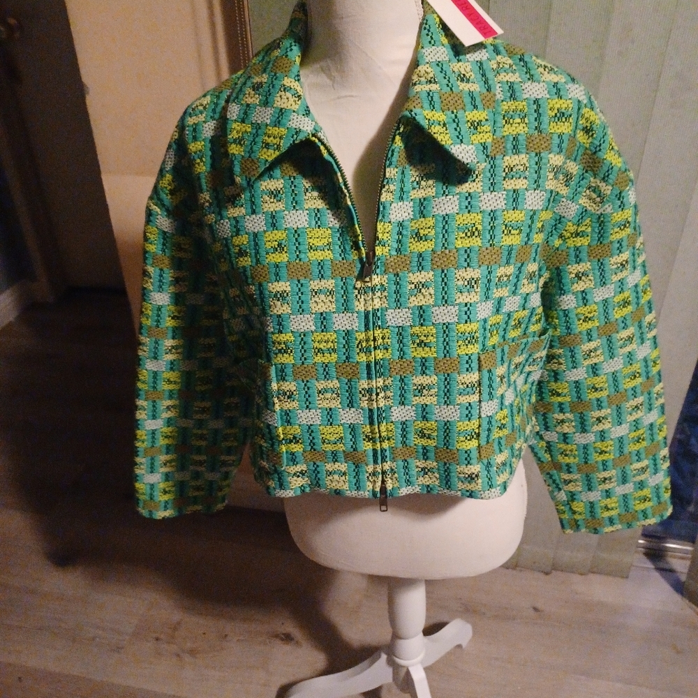 NWT Tracy Reese Kelly Green plaid crop jacket Large. - Picture 3 of 4